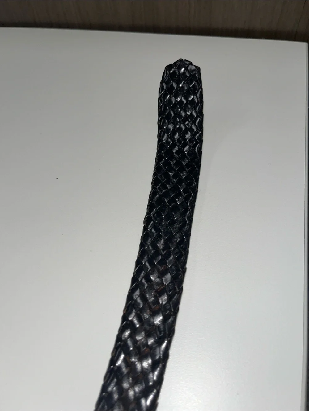 Source Unknown Black Woven Leather Belt with Brass Buckle